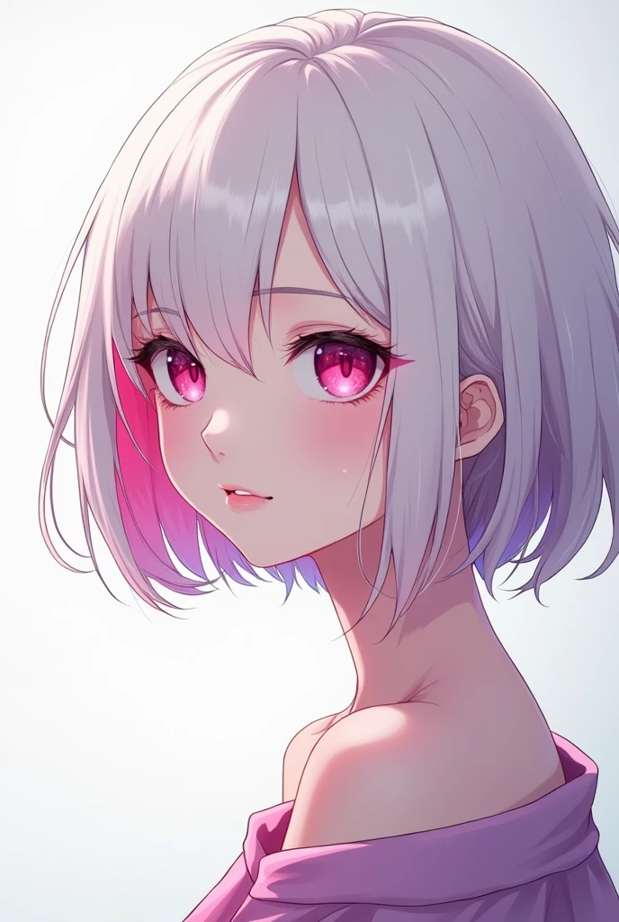 ((best quality)), ((masterpiece)), (detailed), perfect face. Asian girl. White hair. Short hair. Pink eyes. Inner pink hair. Topless. Small breast.