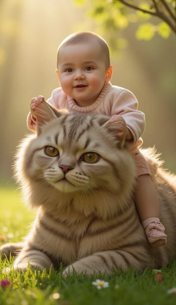 Beautiful baby riding on a beautiful big and very cute cat