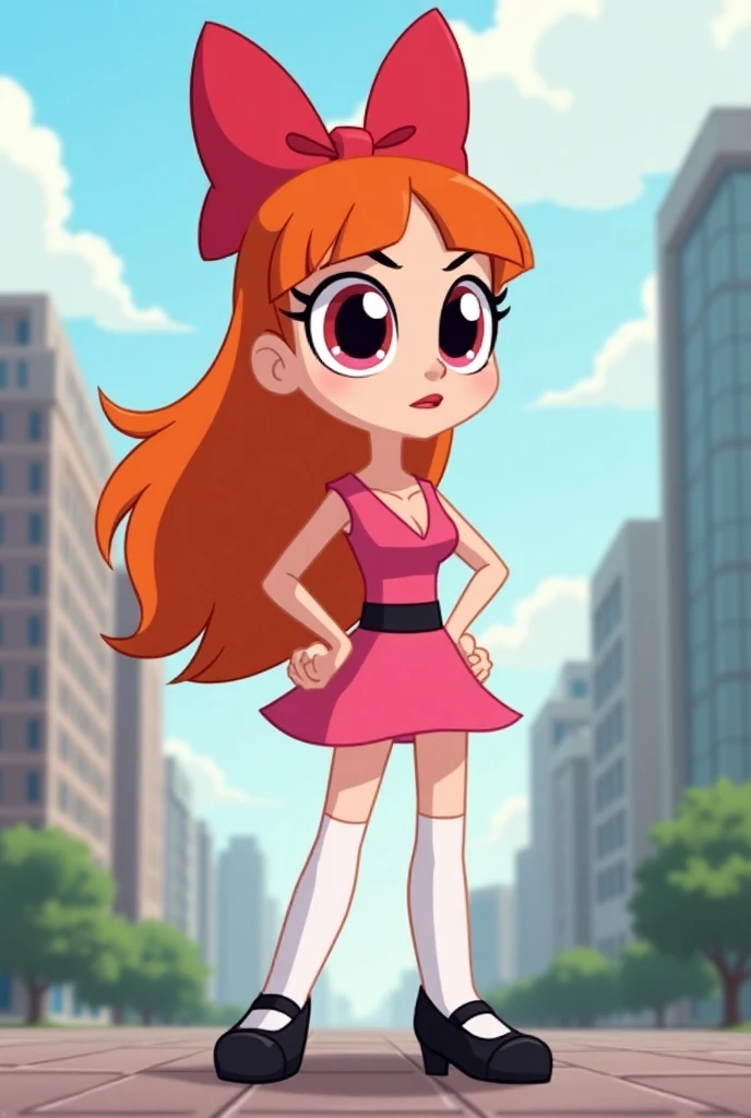 Create a realistic, detailed version of Blossom from The Powerpuff Girls. She should have her iconic long red hair, neatly tied with a big red bow at the top. Her pink eyes should be expressive, showing her confident and intelligent personality. Blossom wears a pink dress with a black belt, along with white stockings and black Mary Jane shoes. The outfit should be adapted with realistic fabrics, giving her a more mature, yet still recognizable look. Her pose should be poised and heroic, like a natural leader. The background should be a realistic cityscape of Townsville, with tall buildings and a clear sky, capturing the essence of a bustling metropolis.