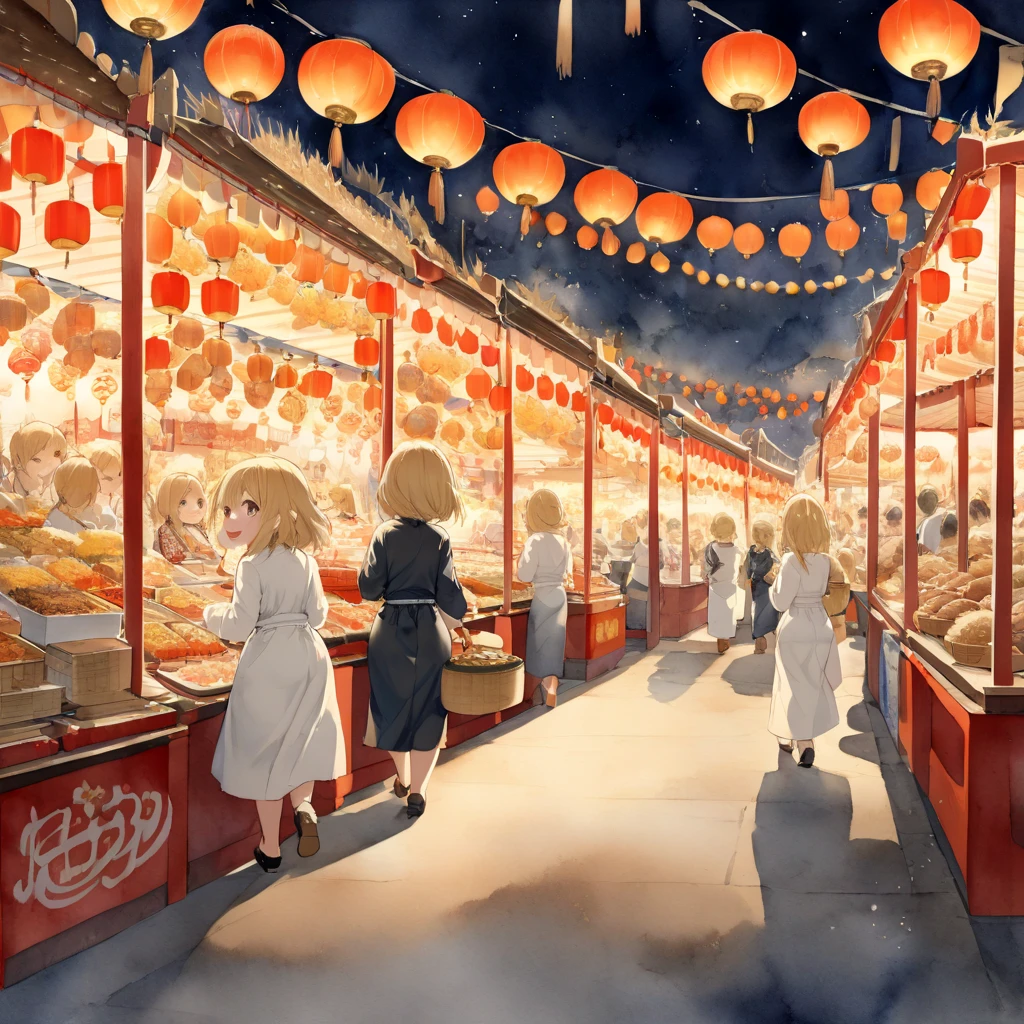 1girl, chibi, fair skin, blonde hair, bob, big droopy eyes, brown eyes, long sleeve,
festival, many food stalls, many lanterns,
smiling, walking, looking away, cowboy shot, back shot, night, motion blur,
monochrome, watercolor, (masterpiece, best quality, hyper detailed:1.2),