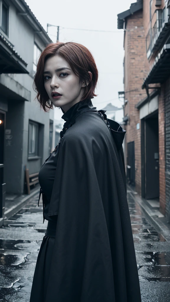 solo, ( turn your gaze ),  Hi-Res, masterpiece,  anatomically correct, Best Quality,  Ultra High Definition,  textured skin, 8K Octane, woman、 short red hair split in the center、Slanted Eyes、tough face、 Fantasy 、Unapproachable atmosphere、 vampire、All black clothing、((Goth Makeup)), Black Cape、(((The background is a completely dark back alley where it rains ))),Artistic, Tattoo、((口を少し開けて vampireの牙を見せている)),