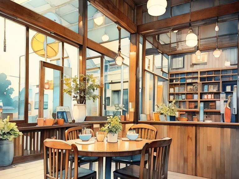 Scenery of a coffee shop with only counter seats、 retro modern atmosphere with records playing、 attic atmosphere、レコードが流れている、round window frame、Small store 、There is a bookshelf、Soft light and dark 、 using colorful colors、 pale shade、