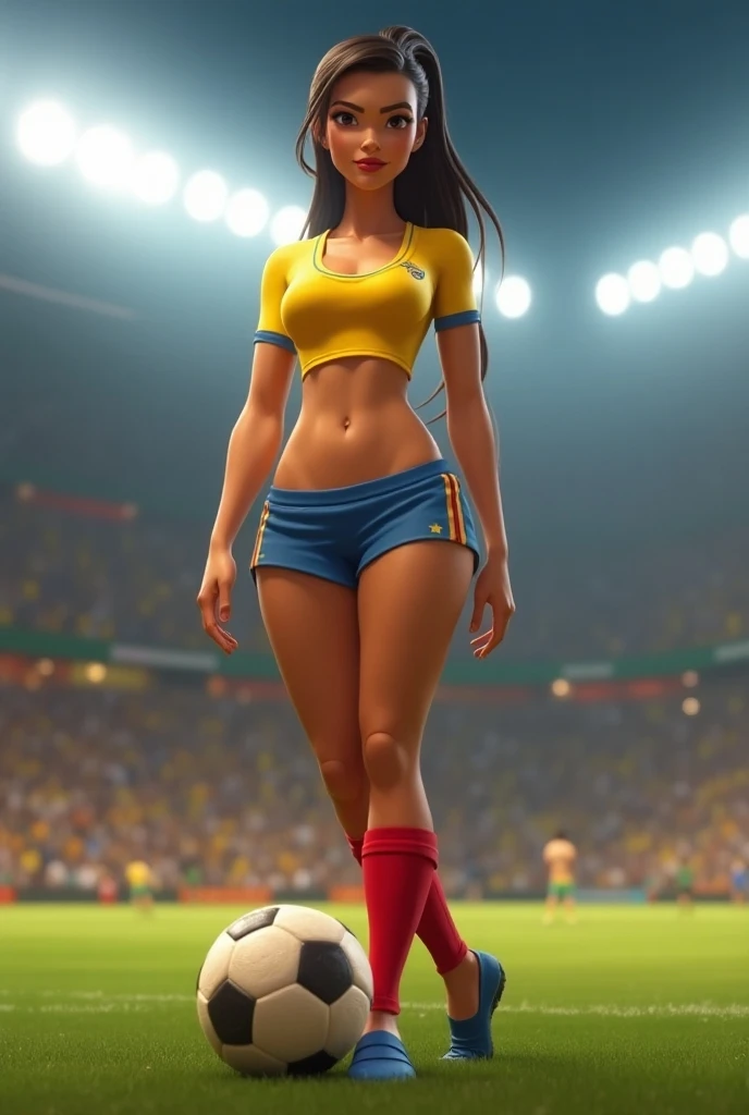  Latin and European American women on a soccer field in yellow athletic bodies slim erect breasts raised buttocks long soft pink hair with audience of women in sexy underwear 