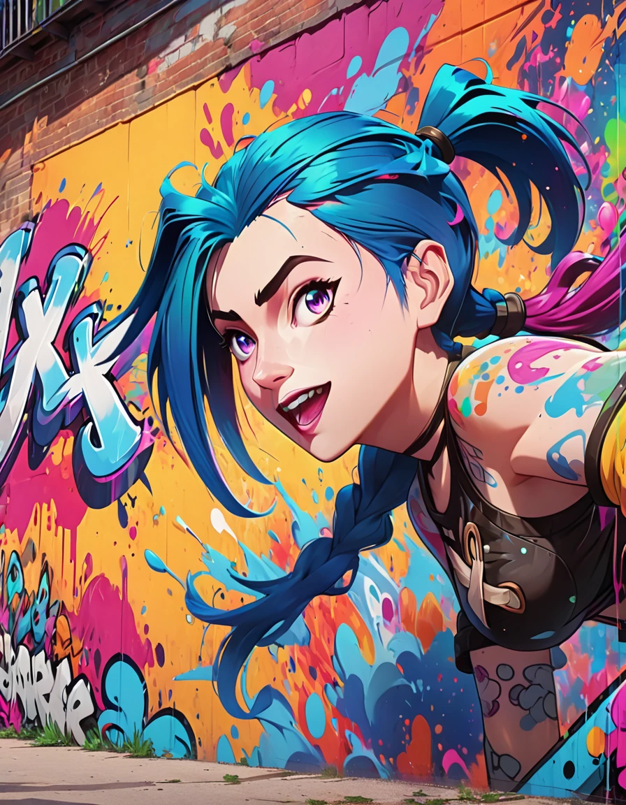 graffiti mural of jinx from league of legends, vibrant colors, dynamic pose, spray paint textures, doodle art style, highly detailed, vivid, hyper detailed, 4k