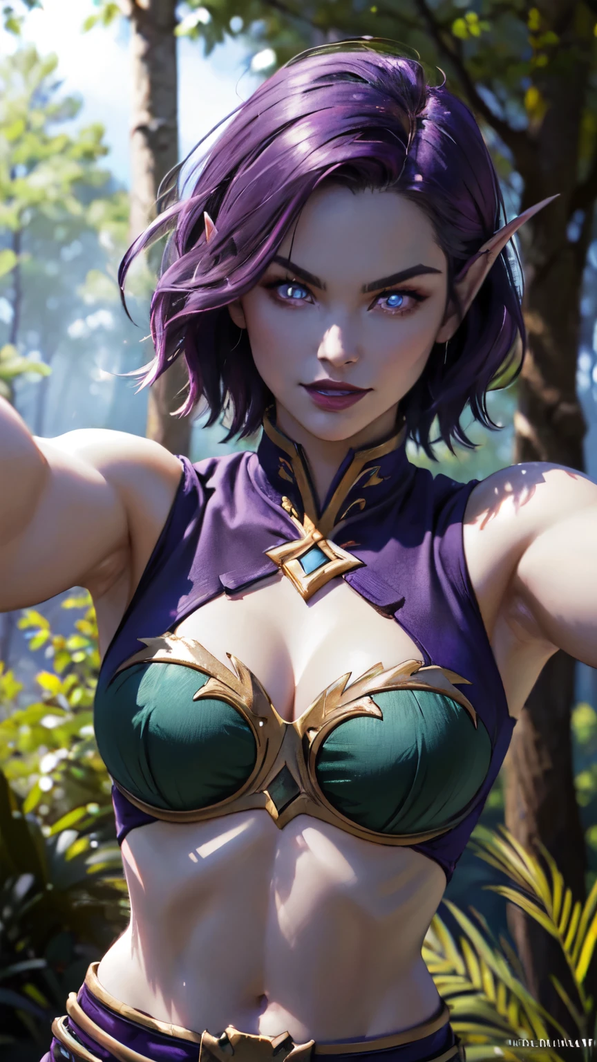 (8K, highest quality, masterpiece:1.2), High resolution, masterpiece, break , beautiful woman, beautifully mouth, highly beautiful eyes and face, beautiful fine eyes, upper body, 20 years old girl, (1girl, purple hair, short hair, pink pupils:1.3, spiral eyes, lustful eye, purple lip, smile, clenched teeth, angry) (digital) (looking at viewer), (Forest background)), best quality, blue eyes, pointy ears, colored skin:1.2, blue skin:1.3, Purple clothes, cleavage, crop top, navel, gold trim, voidelf, outstretched arms