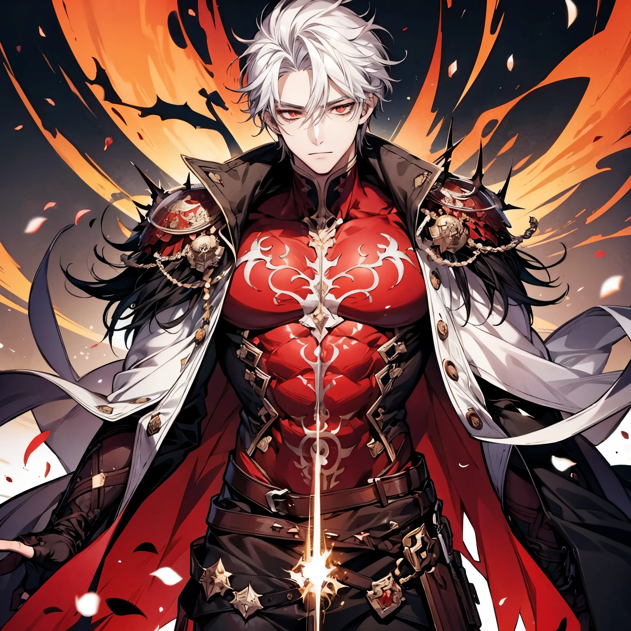 "Stunningly detailed anime sketch of a solo ((muscular)) ((handsome)) ((dark-skinned)) demon boy with white hair and red pupils. He exudes maturity and has striking red and black crown-like horns. Dressed in demonic fantasy clothes, including a black capelet and a red and black demonic aura, he resembles a dark prince."