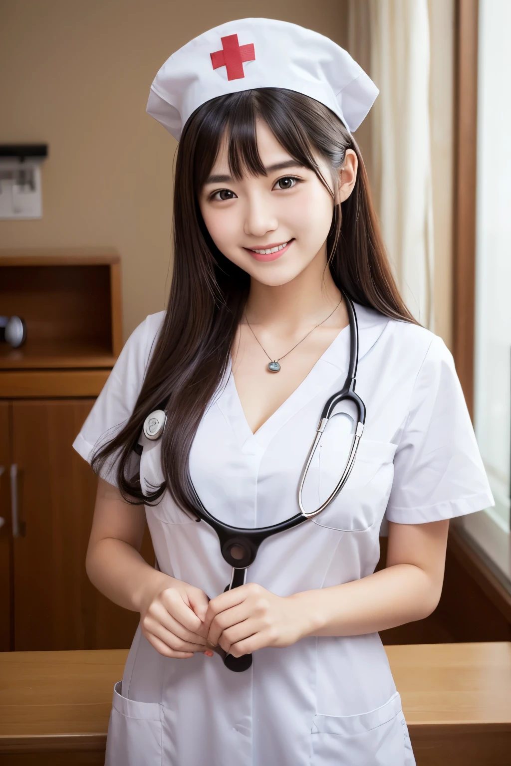 hightquality、masterpiece、ultra res、a beauty girl、cute girl face、hospitals、nurse、Wearing nurse clothes、full bodyesbian、Famous actresses of Japan、very beautiful face、A sexy