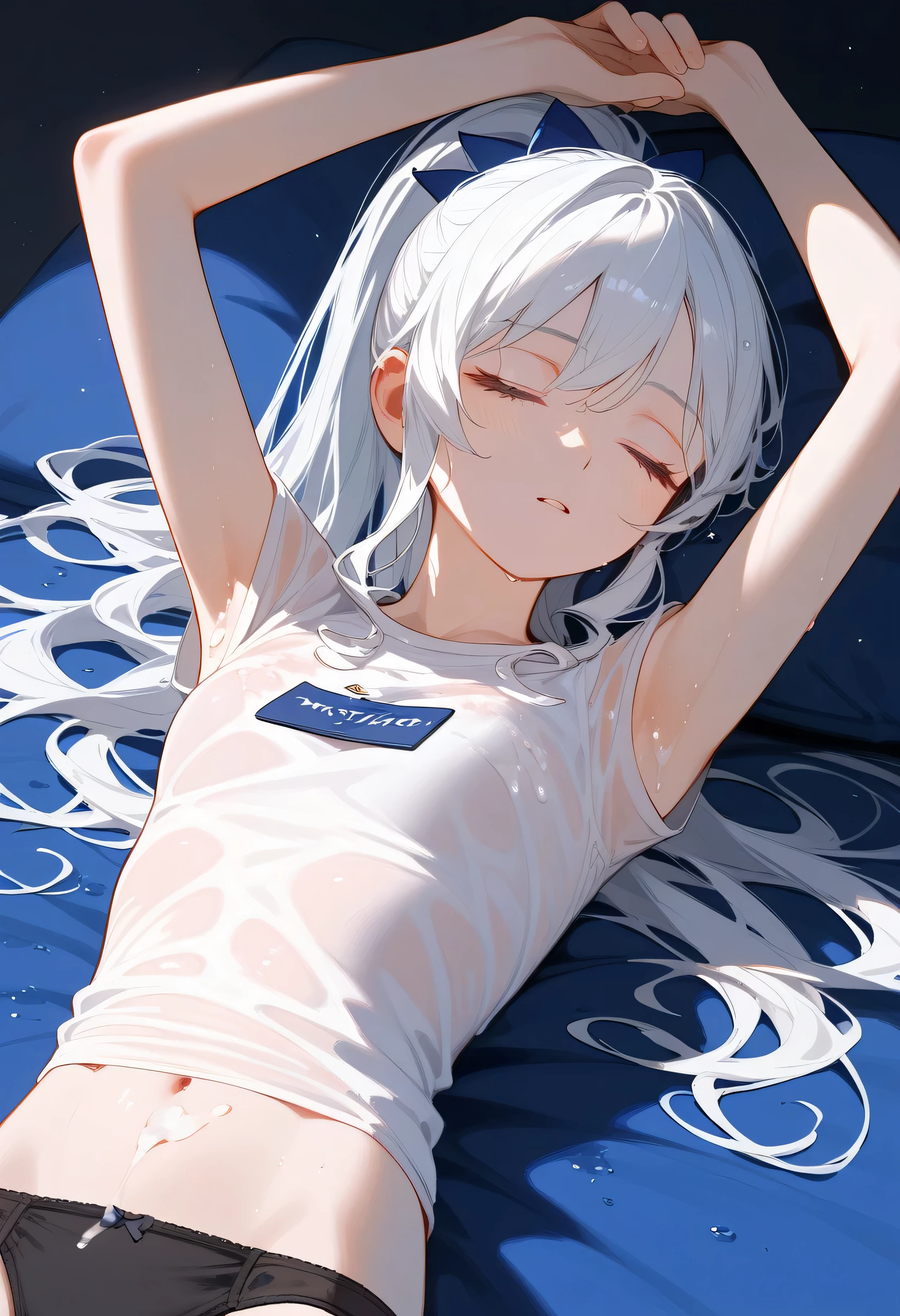 ((Highquality)), ((Masterpiece)), 8k, Teenage girl, ite, slim, delicate and slender body, white hair, curly hair, ponytail, closed eyes, white T-shirt, black panties, lying down, wet clothes, wet body, arms up, armpit spread, , ((cum on armpits)),