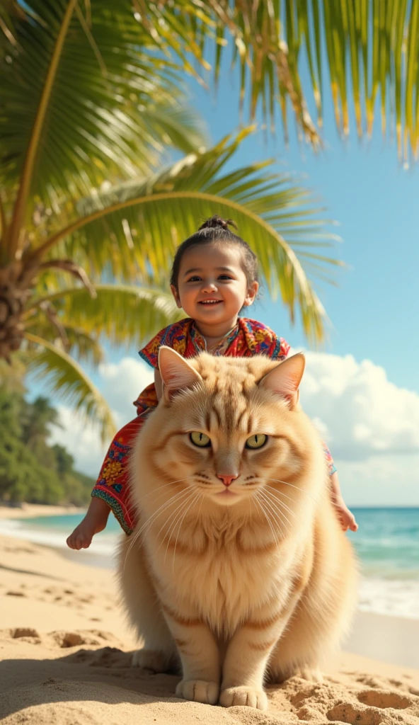 Beautiful Mexican baby,  riding on a beautiful big and very cute cat,  on the beach with lots of coconut trees in the background 