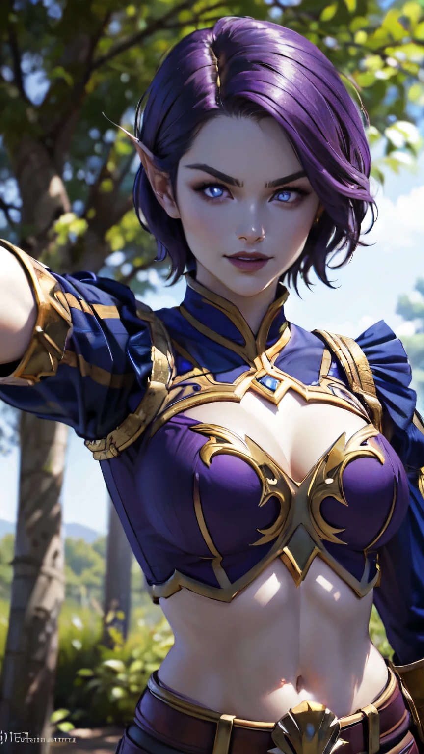 (8K, highest quality, masterpiece:1.2), High resolution, masterpiece, break , beautiful woman, beautifully mouth, highly beautiful eyes and face, beautiful fine eyes, upper body, 20 years old girl, (1girl, purple hair, short hair, spiral eyes, lustful eye, purple lip, smile, clenched teeth, angry) (digital) (looking at viewer), (Forest background)), best quality, blue eyes, pointy ears, colored skin:1.2, blue skin:1.3, Purple clothes, cleavage, crop top, navel, gold trim, voidelf, outstretched arms