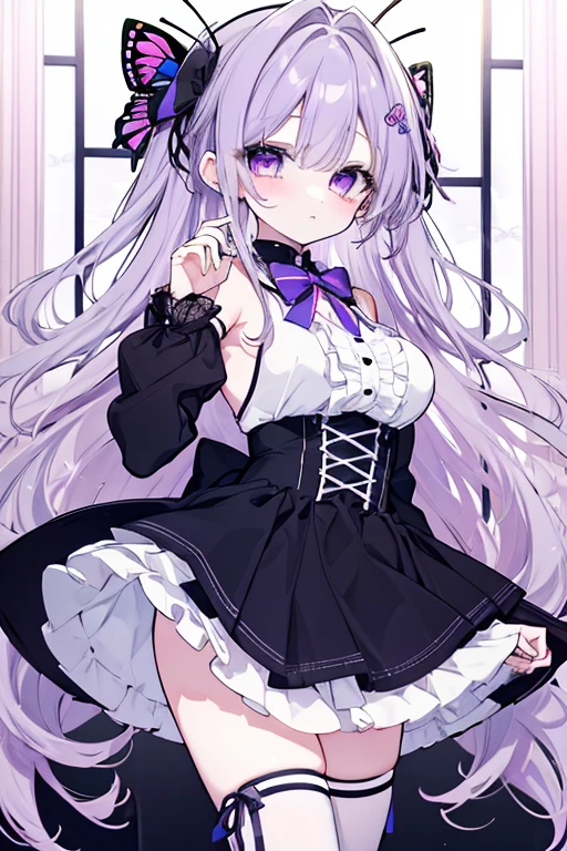 (((masterpiece))), (((highest quality: 1.4))), ((Super detailed: 1.4)) , ulzzang-6500-v1.1,  (RAW Photos:1.2), (Realistic), (See through:1.3), (masterpiece), (Genuine:1.4), Very detailed, Sharp focus, Tensura:bright valentine、One beautiful woman, ((Beautiful, shiny silver grain、Detailed face、((Right eye is red、Bright blue left eye))、Gothic Lolita Maid Clothing、Knee-high socks、