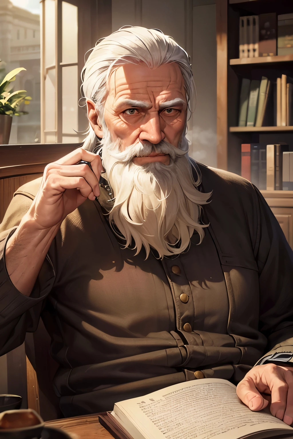 81 year old black man, glad ,small white beard, gray hair with receding,sitting down on chair, with staff in hand .