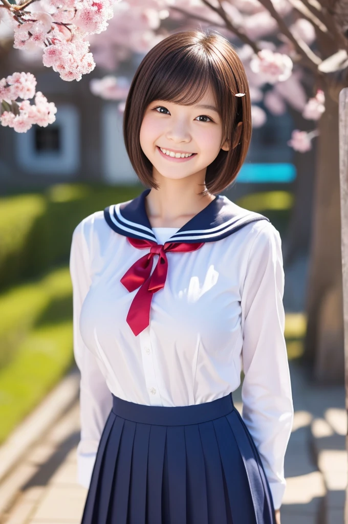 NSFW, plain light pink white background, , High school girl in white uniform,  navy blue pleated skirt, Vivid and cute, 　, ぱっつん前髪, Medium Hair、Shrine maiden, , , 、、 Japanese high school girl like the picture,　(fair-skinned female ********************* :1.1), , , , , , , ,, 8k, , Plain eyes、,, , realistic girl,  Beautiful Girl、kawaii *********************、 studying, Brown Hair、 cheerleader、ribbon、, ｱｲﾄﾞﾙｽﾃｰｼﾞ, , , Smiling face, , (Squint your eyes:1.05), , , , Attention posture