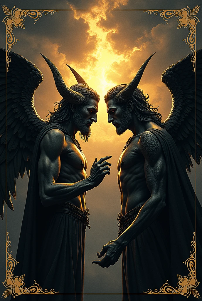 Devil whispers in the ear of an angel who is attacking a cleric