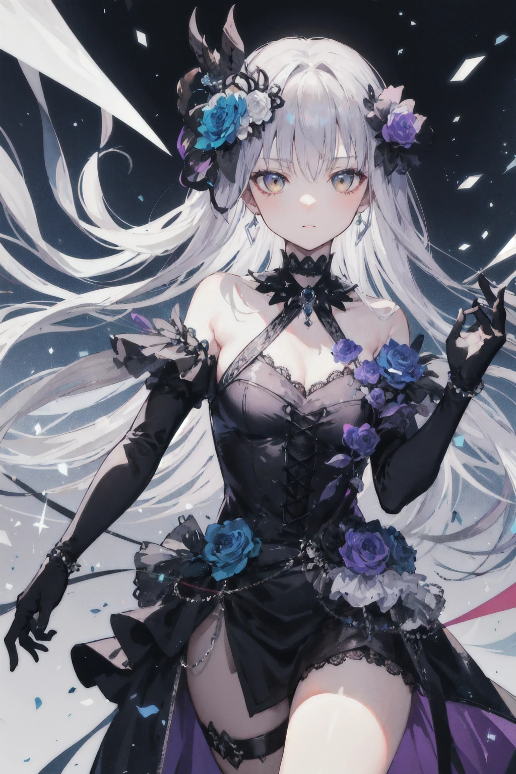 (masterpiece), ( best quality), perfect composition, Clean, 8K, , [1 Girl,  cowboy shooting], (minato_Snow vegetable_Bond Dream:1), long grey hair, Sweep the bangs,  Bright eyes , Jewelry, hair_flower, Gothic fashion, slanted shoulder dress , embroidery, serious, Perseverance,  movie lights from the waist,  High Contrast, Geometric Patterns, ray, [glare, radiation],  Popular on pixiv, Neon inscription, Runes, [obsidian,  perspective , Star], DARK THEME 
