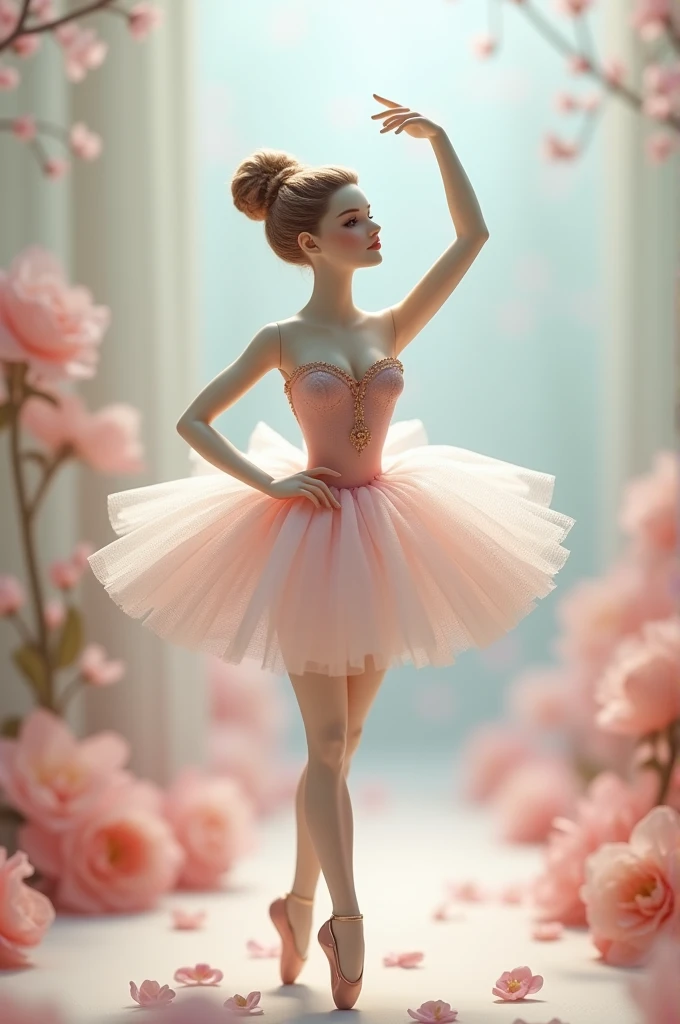 Barbie as a ballerina in a bellerina dress with roses on it. It teh background there are pink curtains and roses