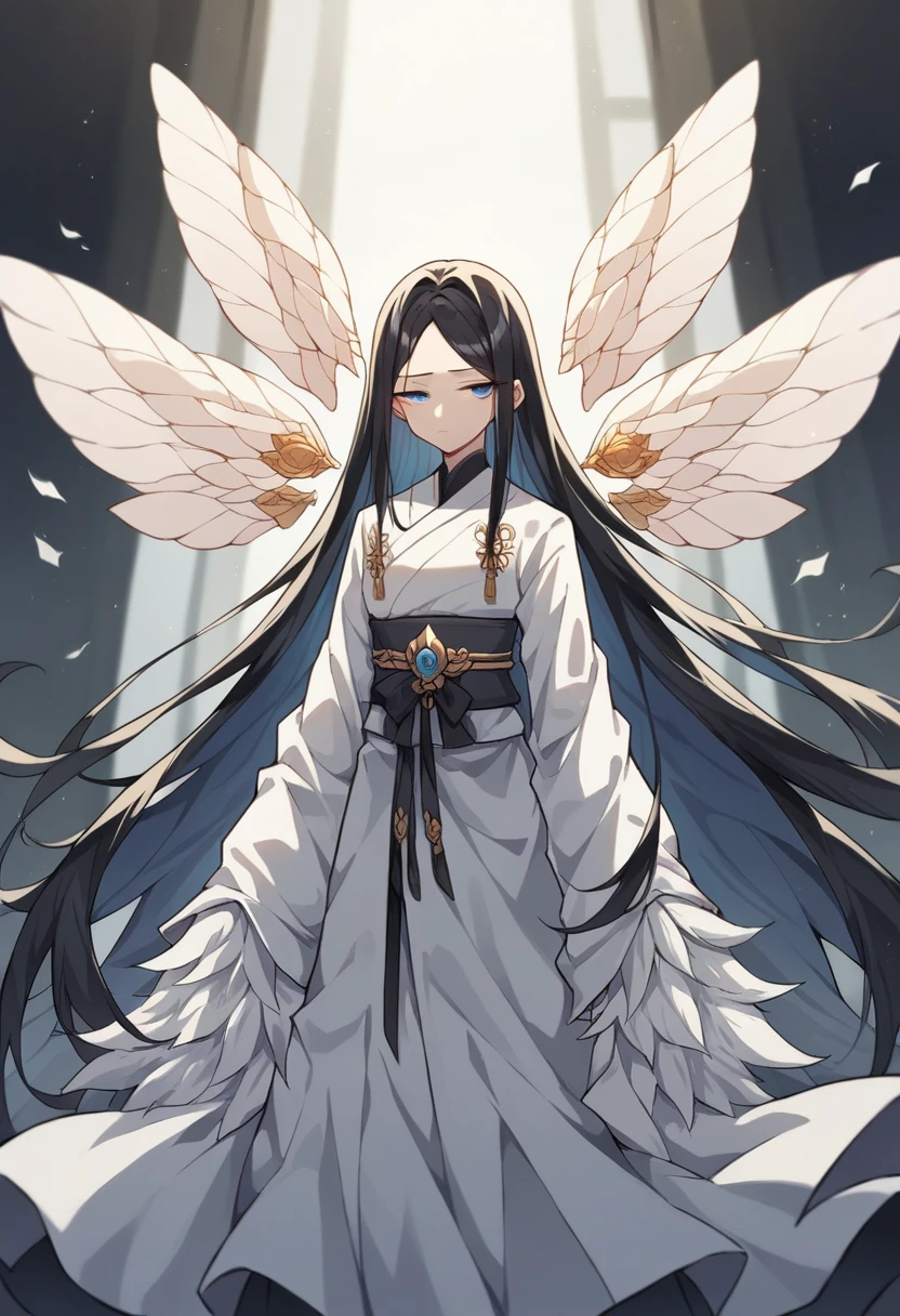 fair skinned-woman, (masterpiece), best quality, perfect face, amazing lighting, unohana_tybw, blue eyes, very long hair, straight hair, black hair, narrowed eyes, half-closed eyes, black kimono dress, white coat, white obi, destroyed armour, angelic wings