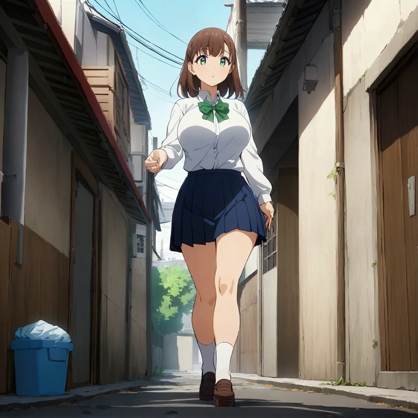 whole body,One Girl,School uniform with green ribbon,Long sleeve,White shirt,Blue mini skirt,Big Breasts,Expensive, tall, THICK THIGS ,Medium Hair,Brown Hair,Green Eyes,Japanese Alley, asphalt , lots of trash,walk,finely detailed 美しいface,high quality,anime,Beautiful high resolution,anime color,{{{masterpiece}}},{{{{Very fine particles}}}},{{{{Highly detailed body}}}},{{{{Highly detailed fingers}}}},