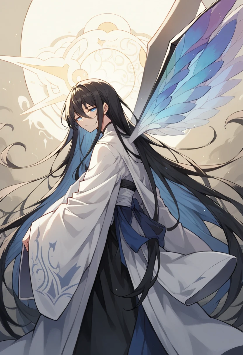 fair skinned-woman, (masterpiece), best quality, perfect face, amazing lighting, unohana_tybw, blue eyes, very long hair, straight hair, black hair, narrowed eyes, half-closed eyes, black kimono dress, white coat, white obi, destroyed armour, angelic wings