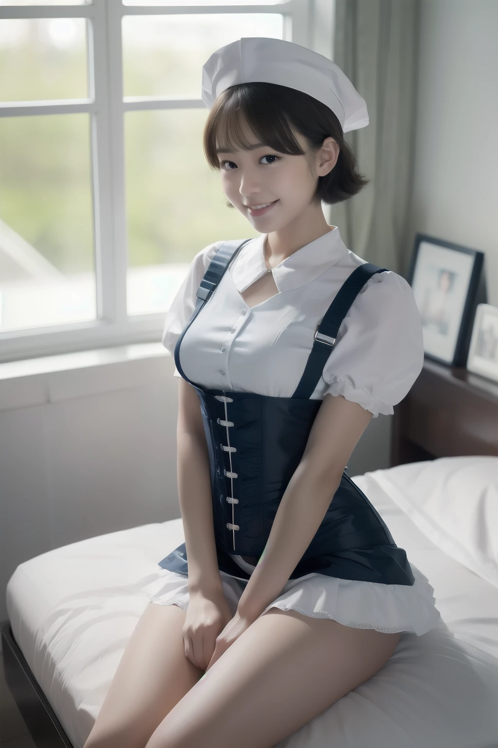  super high image quality 、 real photo、１８old nurse、 short hair and baby face 、 navy one-piece miniskirt uniform is attached to a white frilly apron、The miniskirt has a fluffy silhouette with a corset petticoat 、White nursing hat 、Courtesy greetings、smile、Angle of looking up from below from the perspective of a patient sleeping in bed、