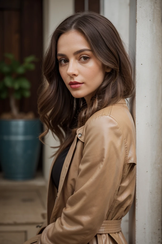 A close-up portrait, half body, a beautiful, gorgeous, marvelous Argentinian woman, super long brown hair, she wears curls, cute expression, pale soft skin, subtle makeup with red lipstick, donning a black leather trench coat with pads on shoulders, paired with skinny denim trousers, accented with a beige sweater top, black riding boots, captured in natural light, shallow depth of field, ultra fine, highly detailed, high constrast, high saturation, 8K, UHD resolution.