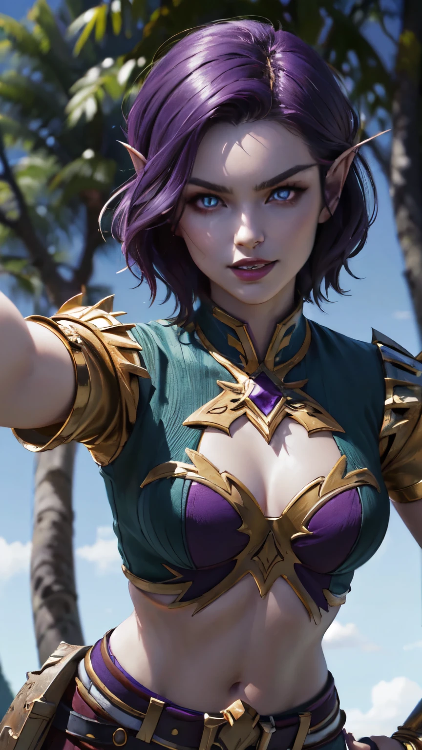 (8K, highest quality, masterpiece:1.2), High resolution, masterpiece, break , beautiful woman, beautifully mouth, highly beautiful eyes and face, beautiful fine eyes, upper body, 20 years old girl, (1girl, purple hair, short hair, spiral eyes, lustful eye, purple lip, smile, clenched teeth, angry) (digital) (looking at viewer), (Forest background)), best quality, blue eyes, pointy ears, colored skin:1.2, blue skin:1.3, Purple clothes, cleavage, crop top, navel, gold trim, voidelf, outstretched arms