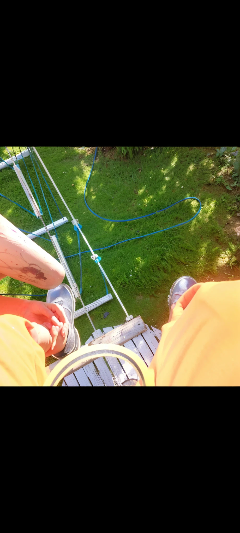 White woman, about 30 years old, wearing a blue tank top and white short skirt, falling down a red ladder, holding a screwdriver in her hand, her face frightened.