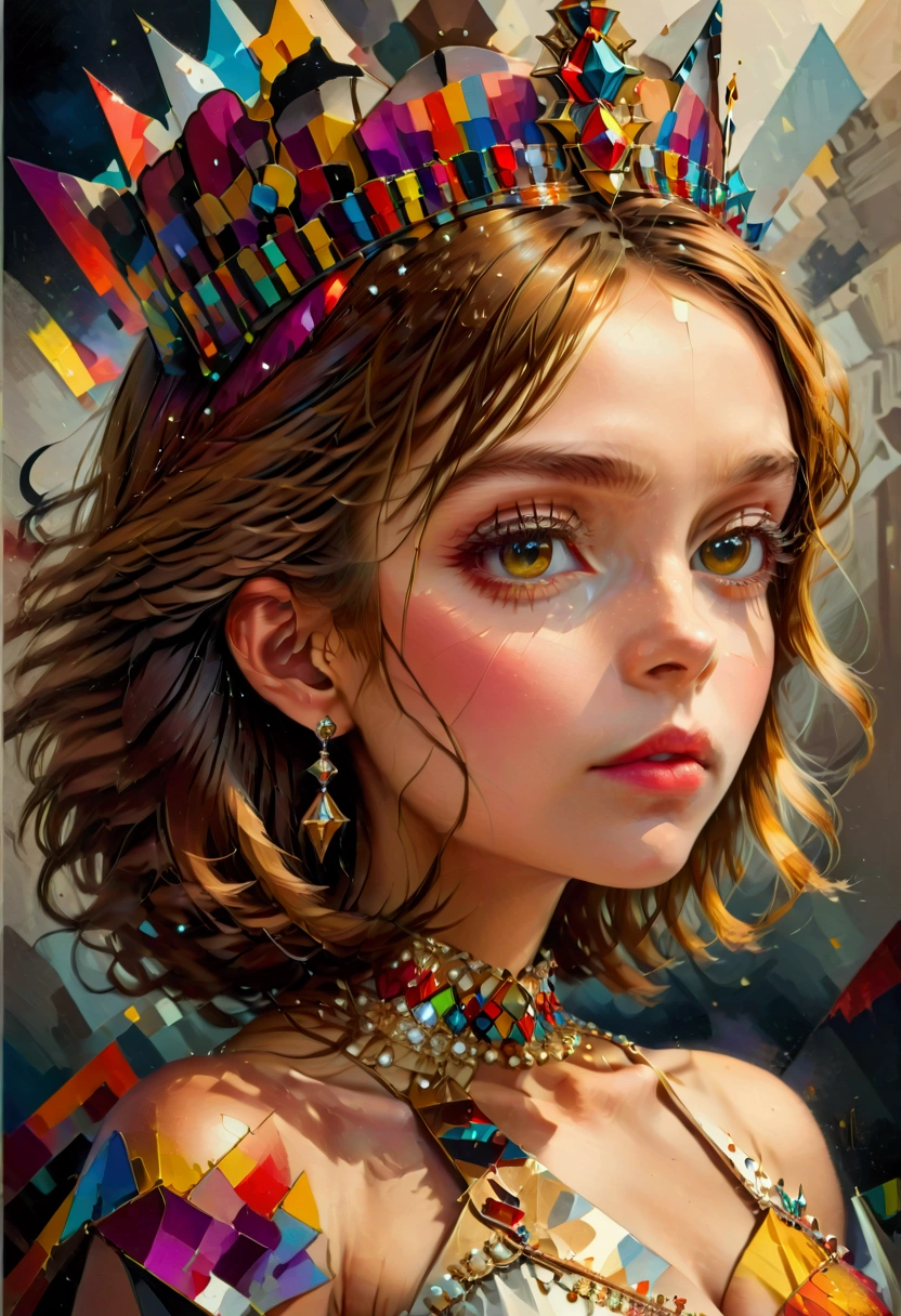 beautiful young queen in cubist style, elegant dress, crown, angular geometric shapes, vibrant colors, dynamic composition, high contrast, sharp edges, fragmented perspective, abstract distortion, masterpiece, (best quality,4k,8k,highres,masterpiece:1.2),ultra-detailed,(realistic,photorealistic,photo-realistic:1.37),studio lighting,professional,vivid colors