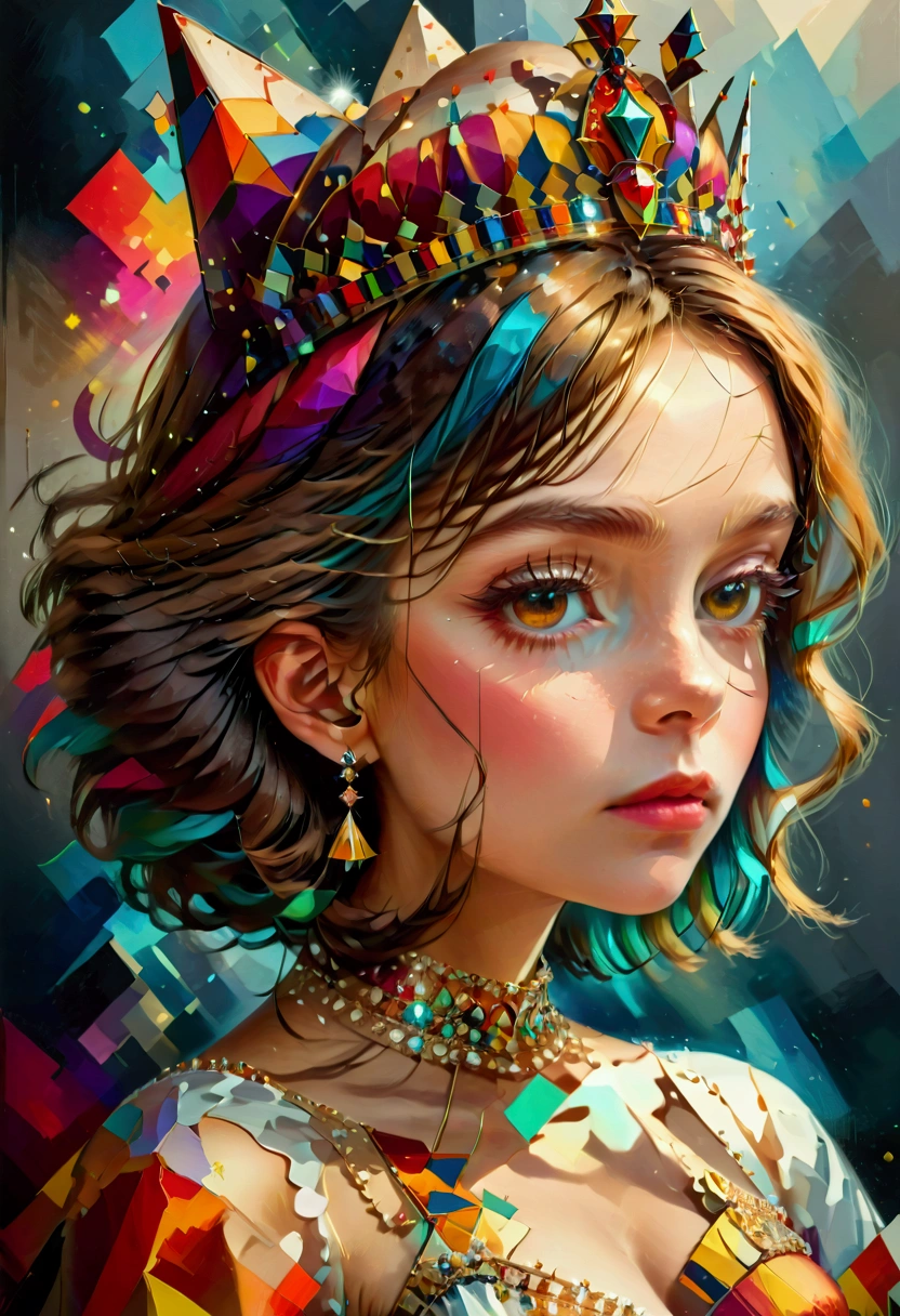 beautiful young queen in cubist style, elegant dress, crown, angular geometric shapes, vibrant colors, dynamic composition, high contrast, sharp edges, fragmented perspective, abstract distortion, masterpiece, (best quality,4k,8k,highres,masterpiece:1.2),ultra-detailed,(realistic,photorealistic,photo-realistic:1.37),studio lighting,professional,vivid colors