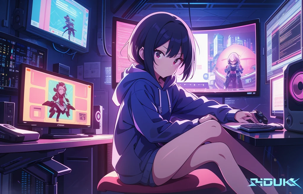 nimé girl with a hoodie sitting in front of a computer, animated style 4 k, cyberpunk animated girl in hoodie, neon.animated, cute hoodie animated girl in room, playing game,  holding game controller , PC Monitor, pattern background ,animated art wallpaper 4 k, animated art wallpaper 4k, digital cyberpunk - animated art, digital animated illustration, cyber student, digital cyberpunk animated art, animated style. 8K, animated art wallpaper 8 k, animated wallpaper 4k