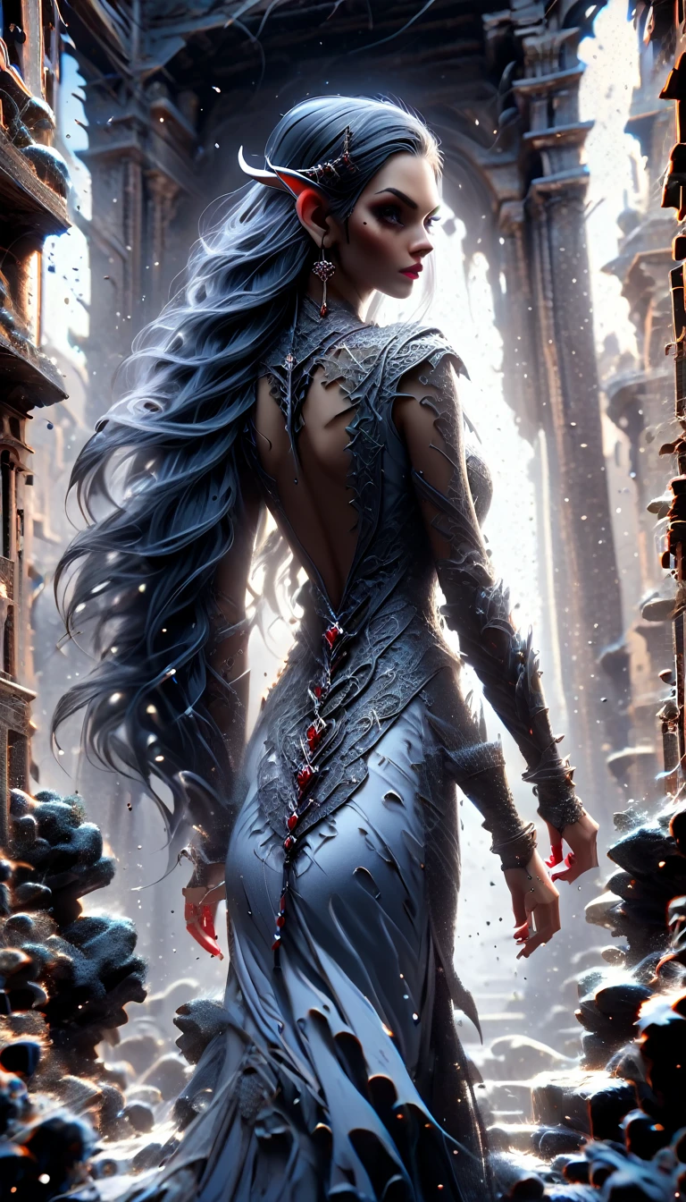 (rear view, backside view),1girl, sexy drow, elfa de peito grande morena skin, pale silver long elaborate braids, ((red eyes)), jewels, elf ears, earrings, ((white sorceress sexy dress)), ((wields staff)), ((cast light magic)), on a roof of scyscraper, athletic, volumetric lighting, best quality, masterpiece, realistic, anatomically correct, (strong cinematic lighting), stunning details, intricate details, 8k post-production, High resolution, super details, trending on ArtStation, sharp focus, depth of field f/1.8, studio photos, (((looking at camera))), ,(Fondo de ruinas de mazmorra en ruinas:1.4 ), (Detalles de la cara: 1.5, ojos azules brillantes, hermoso rostro, ojos bonitos, Contorno del iris, labios delgados: 1.5, Thin, sharp pale eyebrows, Long, dark eyelashes, double tabs),(Obra maestra: 1.4), (8K, realista, foto cruda, La mejor calidad: 1.4),manos perfectas: 1.5