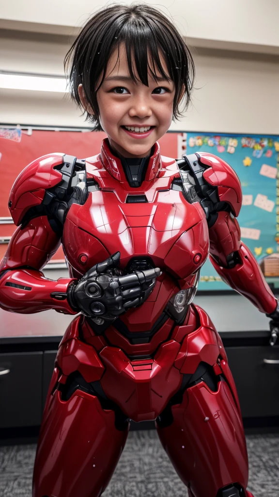 Best Quality　 8k full body red war machine suit girl　Gloss　 elementary school girl 　Sweaty face　cute　 short hair　 boyish 　Steam coming out of my head　 Her Hair Is Wet With Sweat 　The feel of black hair　 full body portrait　  innocent smile 　Drooling from the mouth　bare hands　 low angle 　In a bright classroom 