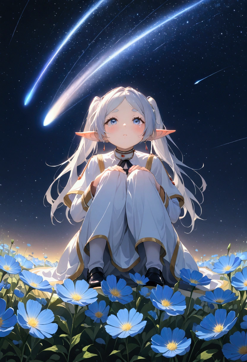  High image quality 、masterpiece、   high quality、Full HD、4K、画面の半分以上をNight Sky、 one girl sitting on the ground 、 view from below、Place your hands on your knees、 Funeral Freelen、 Silver Hair、 twin tails、 blue eyes、Elf Ears、 white dress、 flat chest、Blushing cheeks 、 looking up at the sky 、Look Up、tears、Blue Flower Field、Draw 、Night Sky、 shooting stars