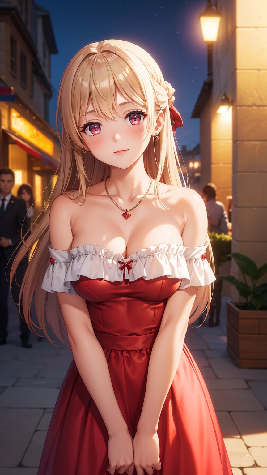 1girl, natural lighting, masterpiece, highly detailed, illustration, game CG, absurdres, high quality, beautiful detailed eyes, glossy lips, natural lighting, medium breasts, klaudia valentz, collarbone, jewelry, necklace, blush, red dress, off the shoulder, light smile, night, neon lights, red carpet, crowd ((gran escote)) ((escote pronunciado)) ((piel brillante y reluciente)) ((oil skin)) 