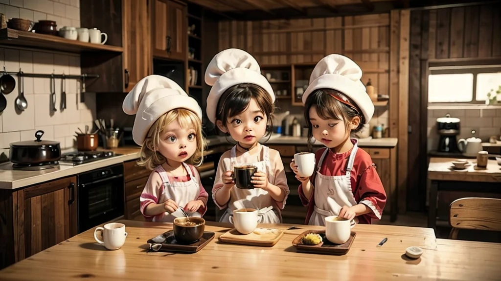 A role，Alone，Small characters cooking costumes drinking coffee