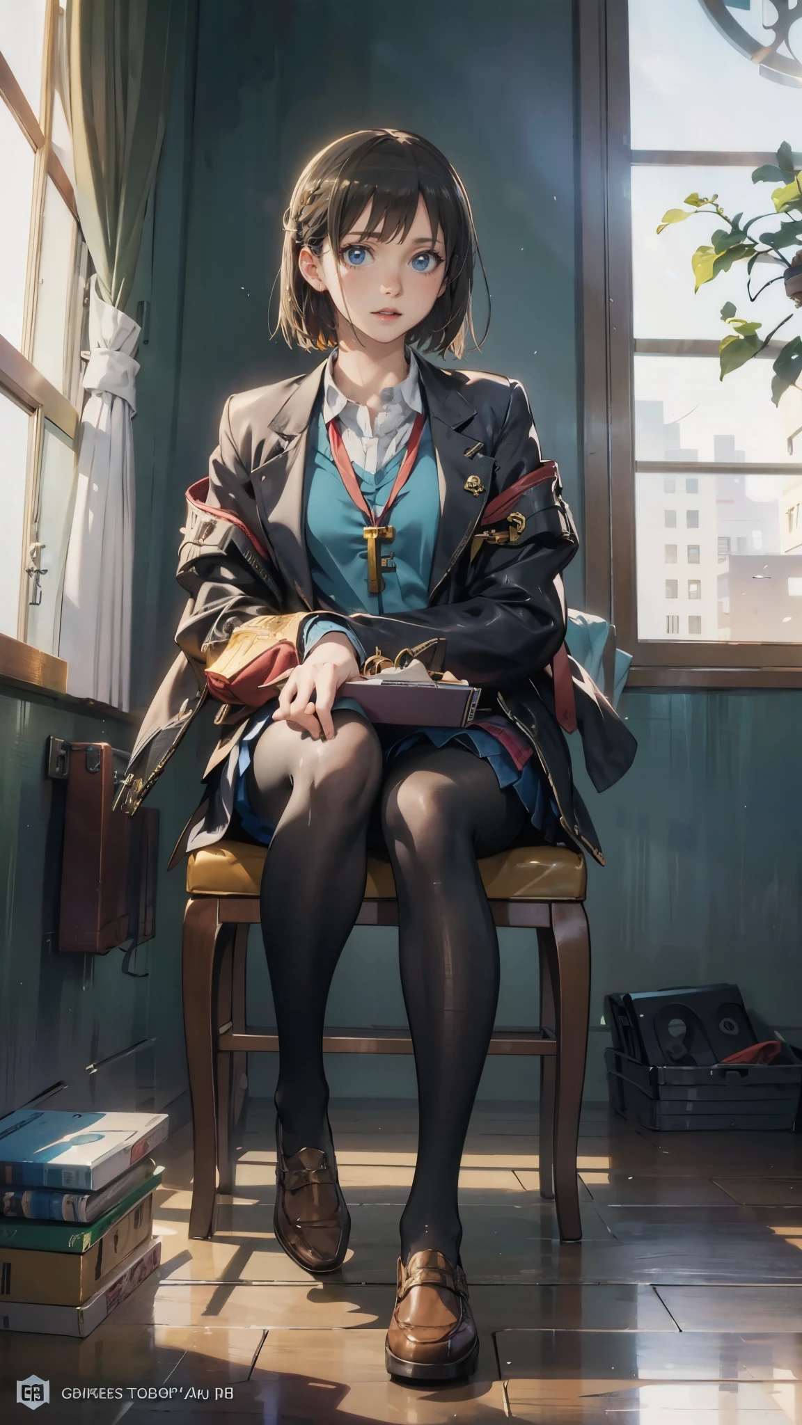 anime - style illustration of a woman in a  high school outfit, video game character, official character art, trending on cgstation, e-girl, e - girl, cushart krenz key art feminine, full body, female action anime girl, sitting, black pantyhose:1.5