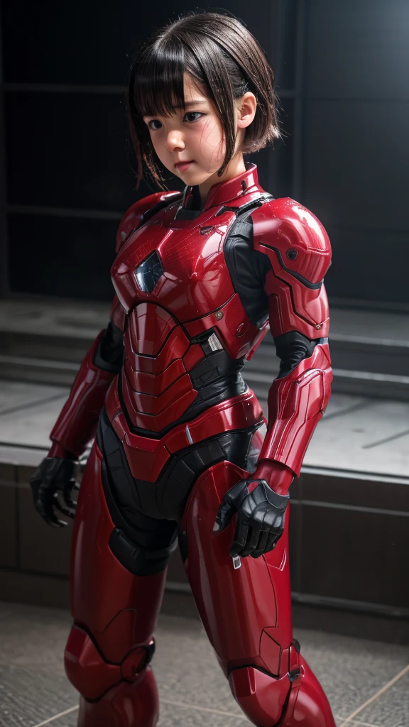 Best Quality　 8k full body red war machine suit girl　Gloss　 elementary school girl 　Sweaty face　cute　 short hair　 boyish 　Steam coming out of my head　 Her Hair Is Wet With Sweat 　The feel of black hair　 full body portrait 　  　Drooling from the mouth　bare hands　 low angle