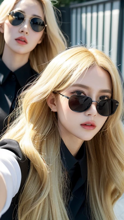 Extreme close-up of beautiful korean female, 34 inch breasts size, blonde hair, wearing zipper tank top, glasses, on the top of the mountain, UHD