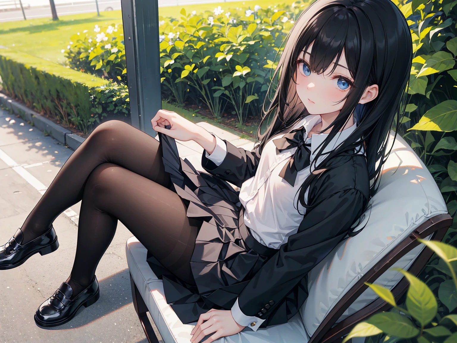 Top quality, masterpiece, High resolution, (Head to toe full body), front, frontやや下からの構図, Symmetric, Tall 18 year old girl, alone, (Head to toe), (Small breasts), bangs, (black tights), (Black Pantyhose), (Sit with your legs apart), (Crouching pose), (A composition showing white panties), (Her legs were spread、I see your white pants.), (I was made to sit on the floor with my legs spread..), (M-shaped legs), Thin legs, A very beautiful and tall 18 year old girl, (No shoes), blush, Shy big eyes, looking at the camera, Blazer Uniform, Checkered Pleated Skirt