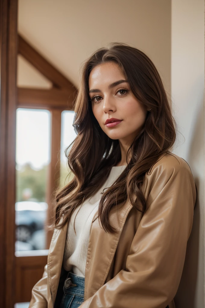 A close-up portrait, half body, a beautiful, gorgeous, marvelous Argentinian woman, super long brown hair, she wears curls, cute expression, pale soft skin, subtle makeup with red lipstick, donning a black leather trench coat with pads on shoulders, paired with skinny denim trousers, accented with a beige sweater top, black riding boots, captured in natural light, shallow depth of field, ultra fine, highly detailed, high constrast, high saturation, 8K, UHD resolution.