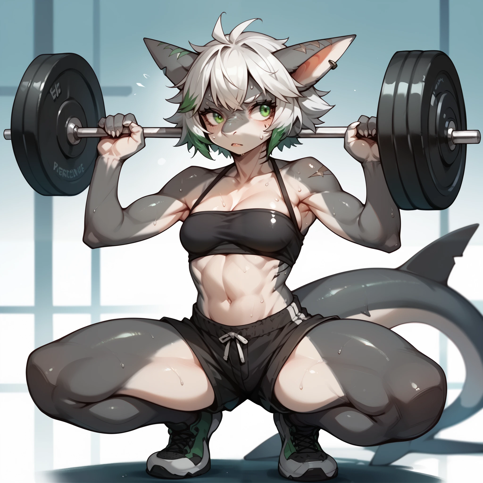 Score_9, score_8, score_7, source_anime, Anthro, jade, Anthro shark, grey skin, Slender body, white hair with green ends, green eyes, wearing a black bandeau and a shorts, squat pose, gym,Barbell,GYM WEIGHTS, exercises for lifting barbells, SWEAT,SWEATING DROPPING, front view, DEEP OF FIELD,(HUGE weightlifting:1.1) ,(HUGE WEIGHTS:1.1),ARMPITS,TREMBLING,