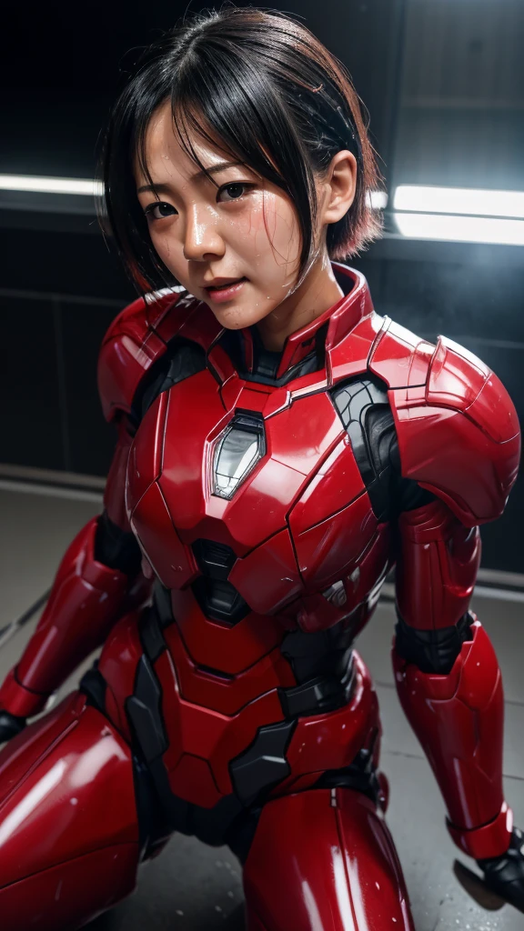 Best Quality　 8k full body red war machine suit girl　Gloss　 Japanese women in their 30s 　Sweaty face　cute　 short hair　 boyish 　Steam coming out of my head　 Her Hair Is Wet With Sweat 　The feel of black hair　 full body portrait 　  　Drooling from the mouth　bare hands　 low angle