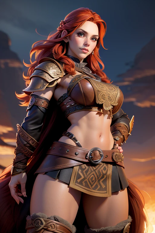 Viking woman, warrior,  long red hair tied in a single braid ,  amazonian body ,  brown eyes, leather armor with leather linings and Celtic and Norse knots, fur skirt, bushy eyebrows, Looking at the camera,  composition epic character,  natural lighting ,  ultra resolution ,  plain white background , without patterns, No textures.