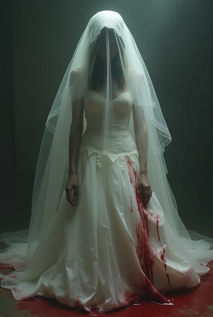 horror scene. Realistic mannequin of woman WITH knife in hand with blood and in wedding dress in a glass display case. The dress has blood. devilish smile.