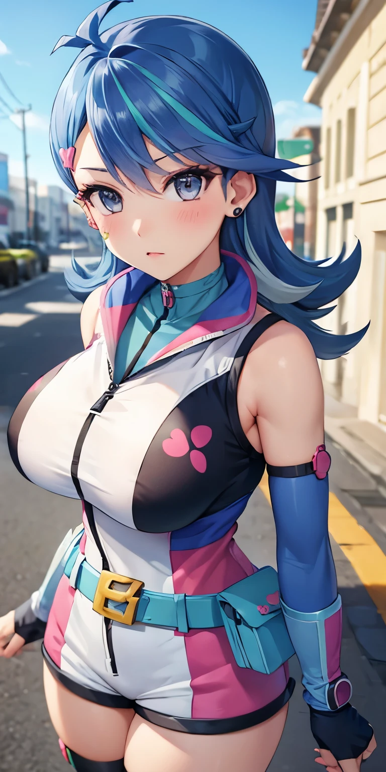 1 Female,High definition,high resolution,Ultra-realistic,8K, hmbg, medium hair, multicolored hair, antenna hair, hair ornament, facial tattoo, heart earrings, sleeveless jacket, sleeveless, detached sleeves, fingerless gloves, belt, white shorts, large breasts,European,sexy,Upper body close-up,Photographed from the front,Dynamic Angles,(blush), (medium tits) 