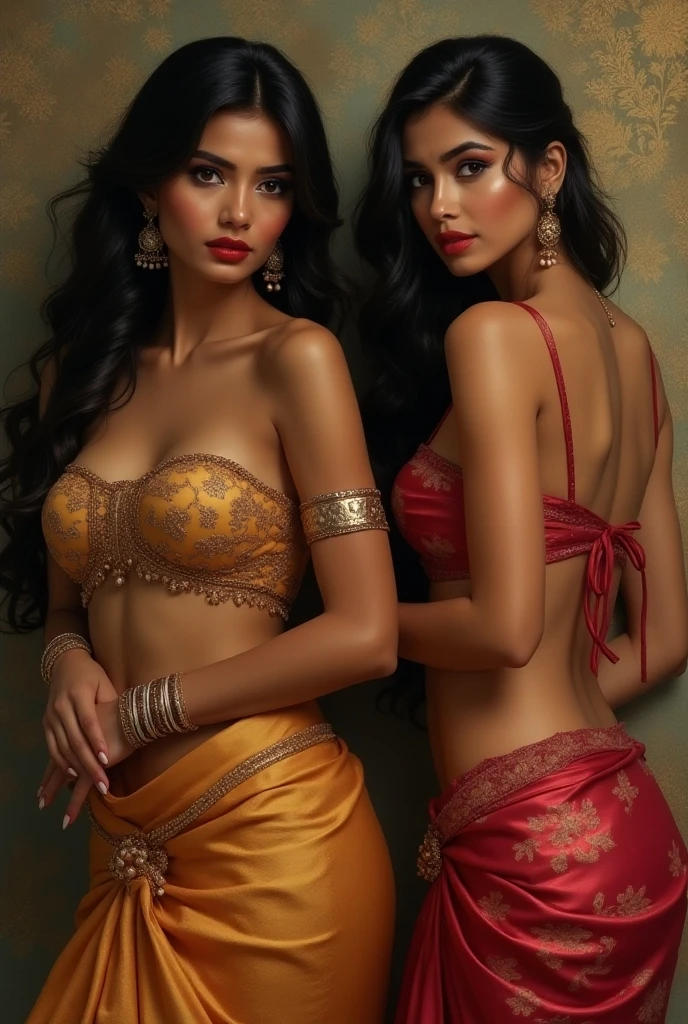 Woman in red Lehenga, Sitting on the lap of a woman wearing a harem sare, making out, agressive