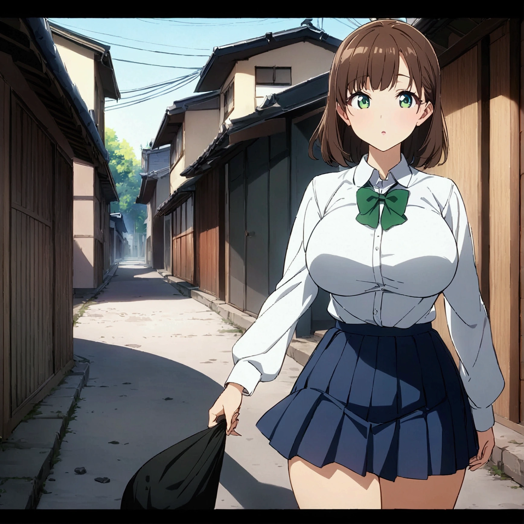 whole body,One Girl,School uniform with green ribbon,Long sleeve,White shirt,Blue mini skirt,Big Breasts,Expensive, tall, THICK THIGS ,Medium Hair,Brown Hair,Green Eyes,Japanese Alley, asphalt , lots of trash,walk,finely detailed 美しいface,high quality,anime,Beautiful high resolution,anime color,{{{masterpiece}}},{{{{Very fine particles}}}},{{{{Highly detailed body}}}},{{{{Highly detailed fingers}}}},