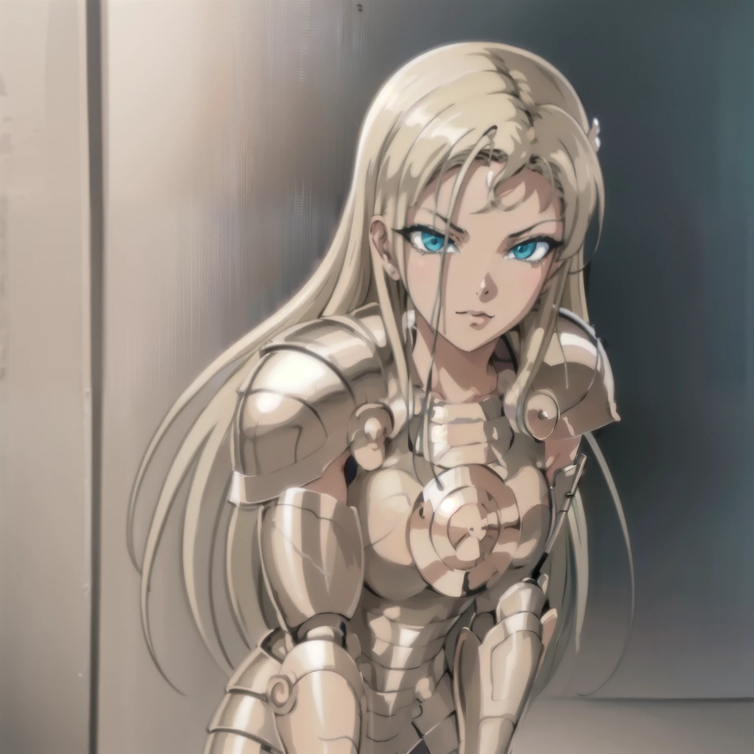 Anime girl standing in front of a door. Realistic schoolgirl with hyperrealistic details. Ecchi anime style, seductive pose. Blonde anime girl with long hair, beautiful face, and blue eyes. Completely dressed in the golden armor of Libra from Saint Seiya, with the red bow tie visible on her chest above the armor's pechera. The armor is open at the neck, allowing her long blonde hair to flow freely. Instead of a helmet, she wears a diadem based on the Libra helmet design. Lively pose with large breasts. Full body shot. 30MP 4k Canon EOS 5D Mark IV DSLR. 85mm lens. Sharp focus. Intricate details. Long exposure time f/8. ISO 100. Shutter speed 1/125. Diffused backlight. Award-winning photo. Camera facing. Looking into the camera. Monovision. Perfect contrast. High sharpness. Facial symmetry. Depth of field. Ultra-detailed photo. Ray-traced. Global illumination. Soft lighting. High sharpness. 8k Unreal Engine 5. Ultra-sharp focus. Trending on ArtStation. Realistic 8k.