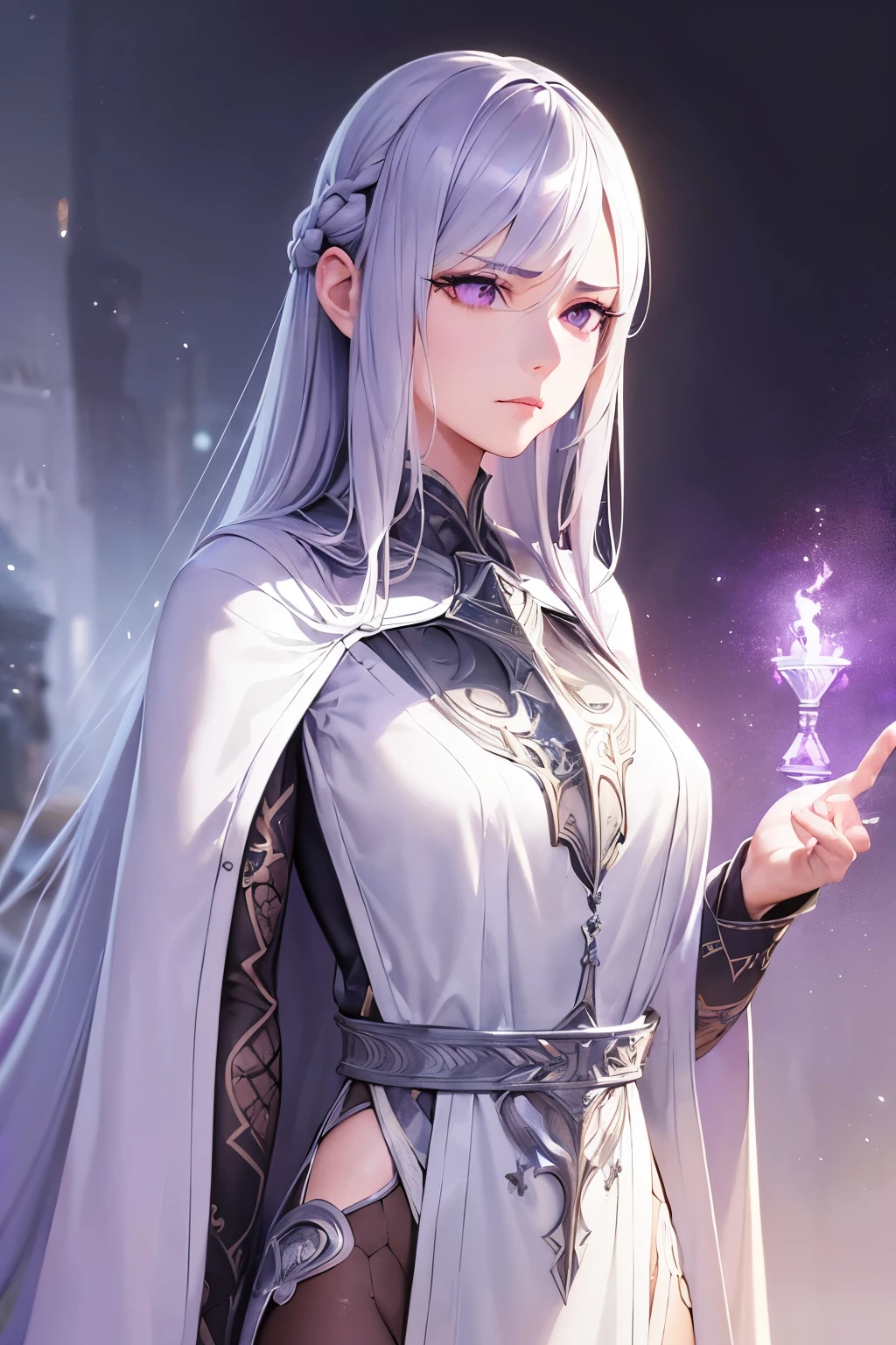 Beautiful woman reading in a medieval castle,long silvery-white hair,Light purple eyes,robe noire,bijoux,temperament,Full HD,Beaucoup de détails,Cinematic texture,Light,Meticulously drawn,atmosphère