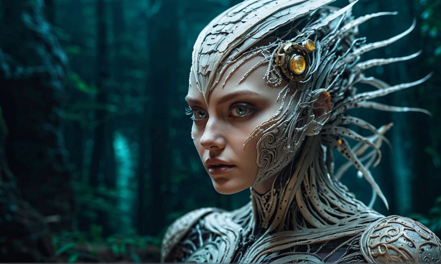 a close up of a woman with a body covered in silver, greg rutkowski and h r giger, hr giger. 8 k, nekro xiii, nekro iii, movie still of a alien cyborg, biologic hr giger style, cyberpunk robotic elvish queen, nekro, highly detailed surreal vfx, humanoid flora --auto --s2
